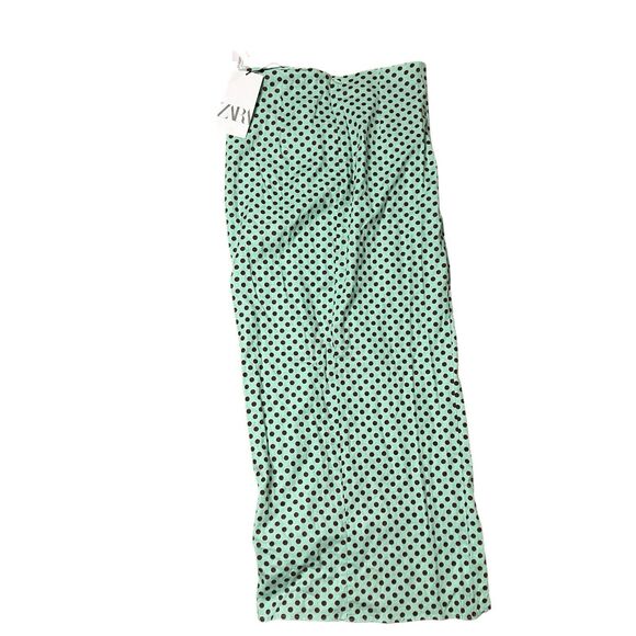 Zara Skirt WMNS XS Green Linen Polka Dot Slit Ruched Mini Pin Up Rockabilly Sexy - Picture 8 of 10